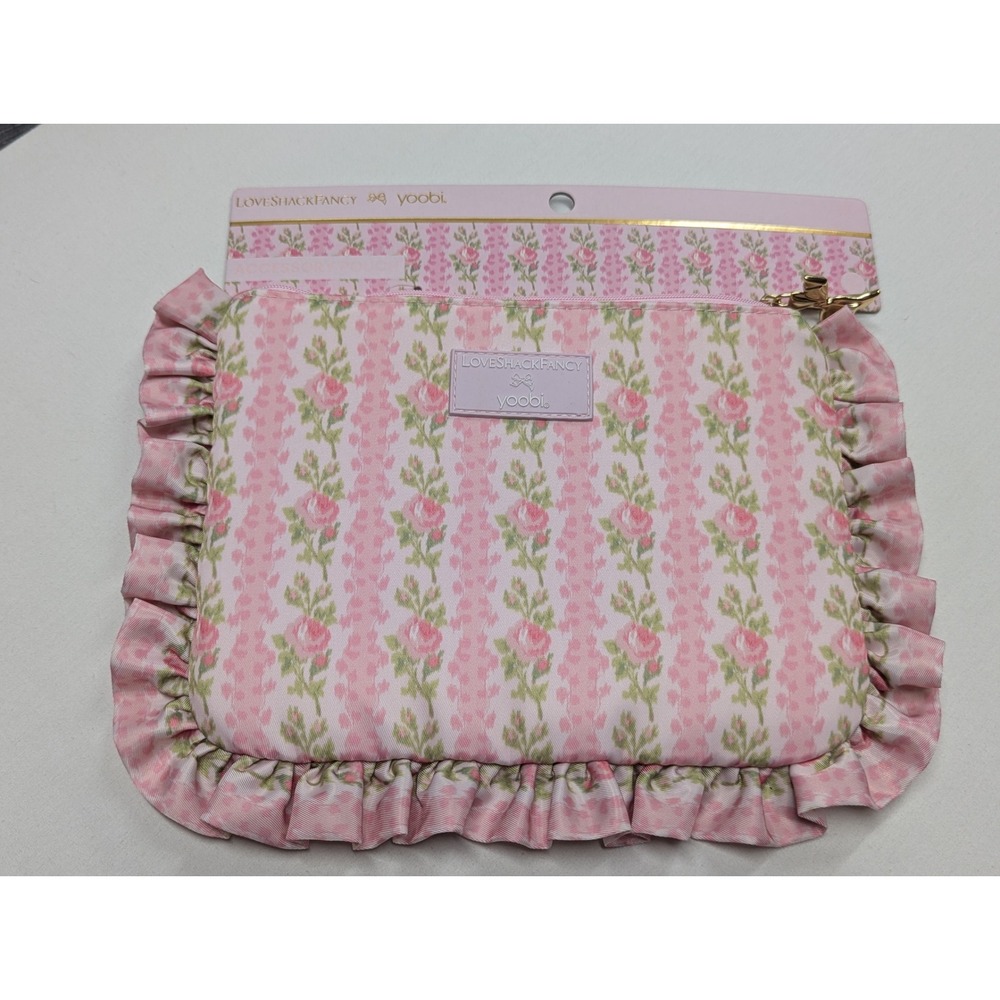 LoveShackFancy x Yoobi Pink Floral Stripe Ruffle Accessory Pouch Makeup Bag NEW